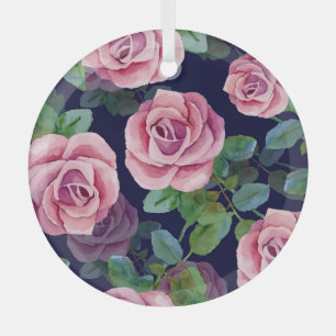 Dunkelblau, rosa Rosen Wasserfarbe. Ornament Aus Glas
