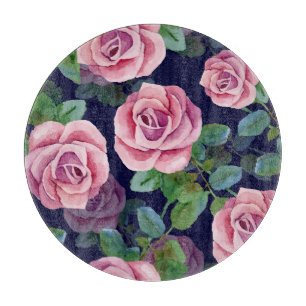 Dunkelblau, rosa Rosen Wasserfarbe. Schneidebrett