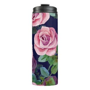 Dunkelblau, rosa Rosen Wasserfarbe. Thermosbecher
