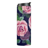 Dunkelblau, rosa Rosen Wasserfarbe. Thermosbecher (Nach links gedreht)