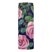 Dunkelblau, rosa Rosen Wasserfarbe. Thermosbecher (Rückseite)