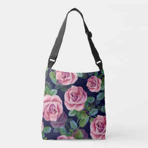 Dunkelblau, rosa Rosen Wasserfarbe. Tragetaschen Mit Langen Trägern