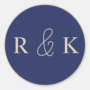 Dunkelblau und Beige Mit Monogramm Runder Aufkleber