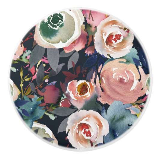 Dunkelblau und blau rosa Aquarellfarben Blumenchor Keramikknauf (Vorderseite)