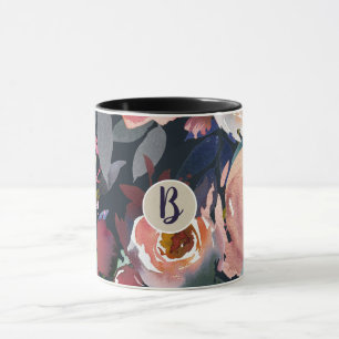 Dunkelblau und blau rosa Aquarellfarben Blumenchor Tasse