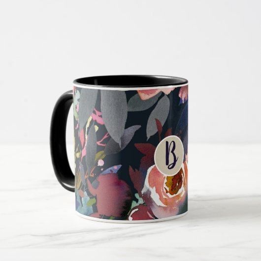 Dunkelblau und blau rosa Aquarellfarben Blumenchor Tasse (Vorderseite Links)