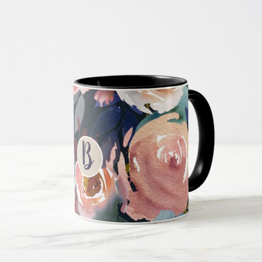 Dunkelblau und blau rosa Aquarellfarben Blumenchor Tasse (VorderseiteRechts)