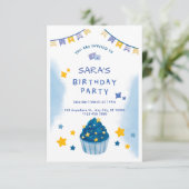 Dunkelblau und Gelb Confetti Geburtstagseinladung Einladung (Stehend Vorderseite)