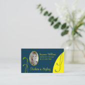 Dunkelblau und Gelb Verziert mit Portrait-Foto Visitenkarte (Stehend Vorderseite)