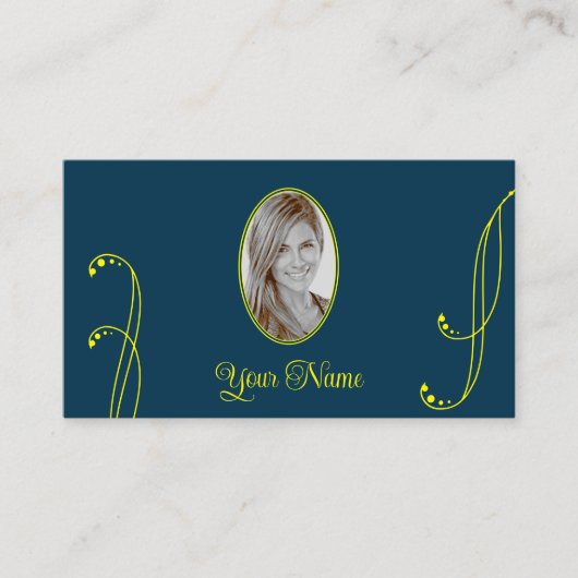 Dunkelblau und Gelb Verziert mit Portrait-Foto Visitenkarte (Vorderseite)