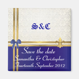 Dunkelblau und Gold auf Damast Save-the-Date Magnet