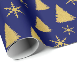 Dunkelblau und Gold Glitzer Weihnachtsbaummuster Geschenkpapier
