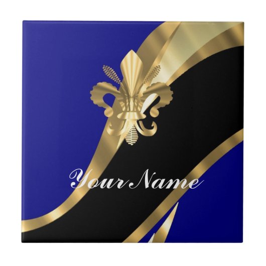 Dunkelblau und goldener Flex de lys Fliese (Vorderseite)