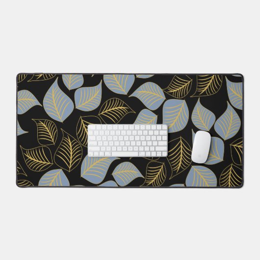 Dunkelblau und goldfarbene Blätter auf schwarz Schreibtischunterlage (Tastatur & Maus)