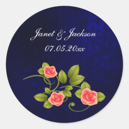 Dunkelblau und Korallen Rose Blume Hochzeitskollek Runder Aufkleber