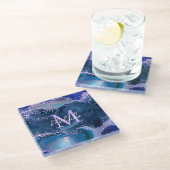 Dunkelblau und Lila Glitzer Glasuntersetzer (Schrägansicht)