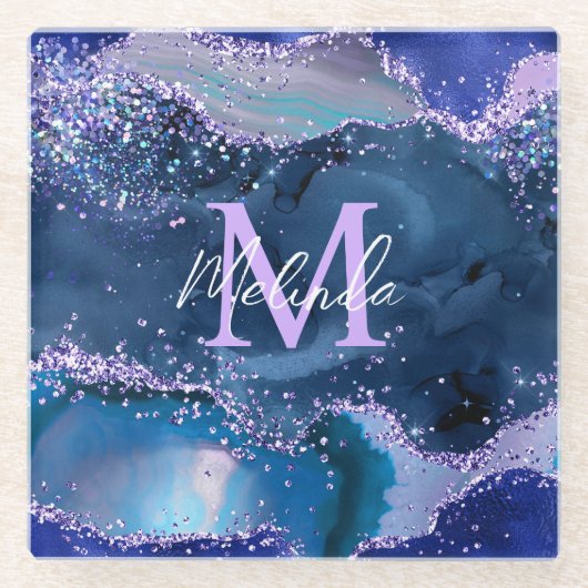 Dunkelblau und Lila Glitzer Glasuntersetzer (Vorderseite)
