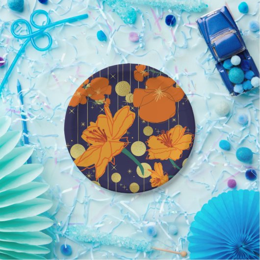 DUNKELBLAU UND ORANGE BLUME PAPPTELLER (Party)