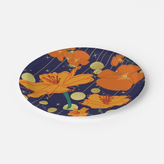 DUNKELBLAU UND ORANGE BLUME PAPPTELLER (Schrägansicht)