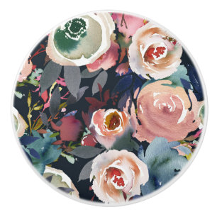Dunkelblau und rosafarbenes Aquarell Blumen Chic Keramikknauf