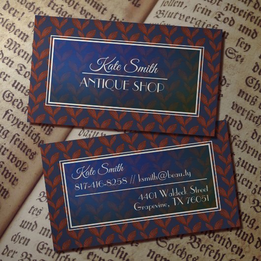 Dunkelblau und rot elegantes, antikes Blattmuster Visitenkarte