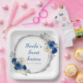 Dunkelblau und silber Elegante Blume 16 . Geburtst Pappteller (Party)