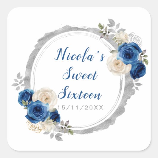 Dunkelblau und silber Elegante Blume 16 . Geburtst Quadratischer Aufkleber (Vorderseite)