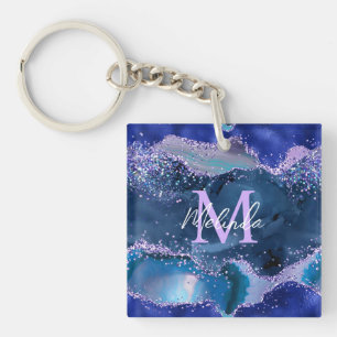 Dunkelblau und violetter Glitter-Ozean-Achat Schlüsselanhänger