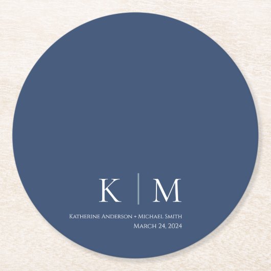 Dunkelblau und Weiß-Hochzeitspapier-Untersetzer Runder Pappuntersetzer (Vorderseite)