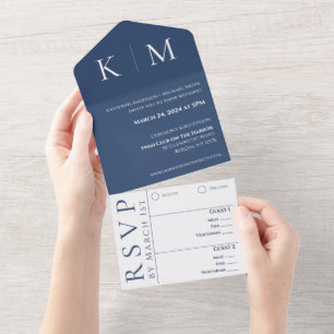 Dunkelblau und Weiß-Modern-Monogramm-Hochzeit- All In One Einladung