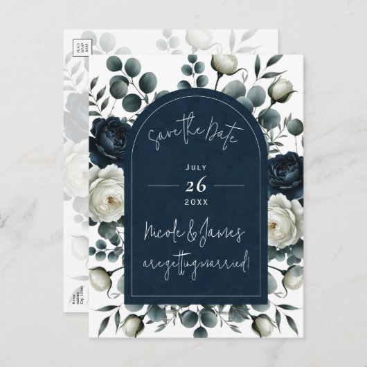 Dunkelblau und Weiß Moderne Blumengrün Rett Datum Ankündigungspostkarte (Vorne/Hinten)