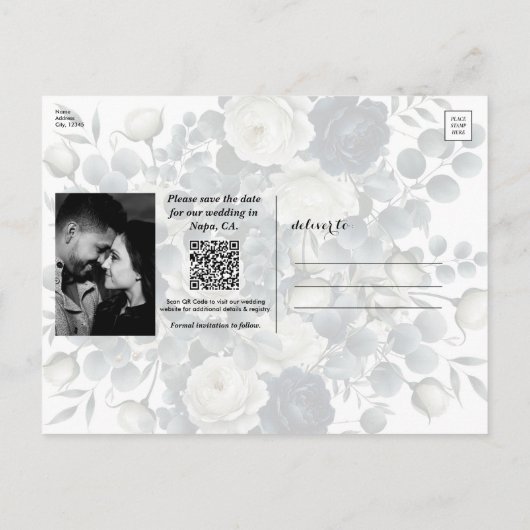 Dunkelblau und Weiß Moderne Blumengrün Rett Datum Ankündigungspostkarte (Rückseite)