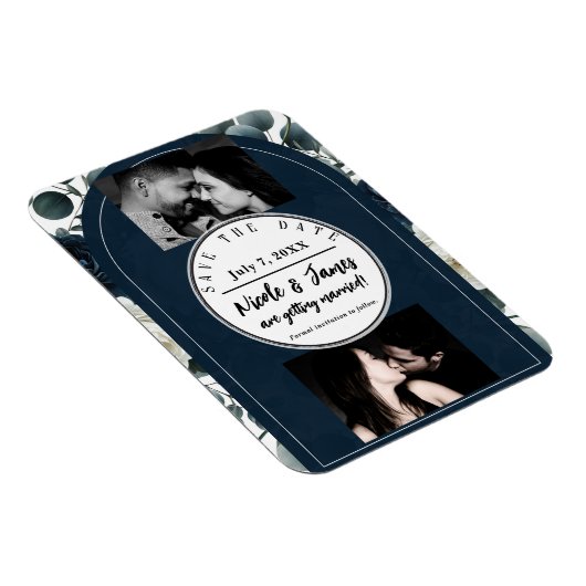 Dunkelblau und Weiß Moderne Blumengrün Rett Datum Magnet (Rechte Seite)