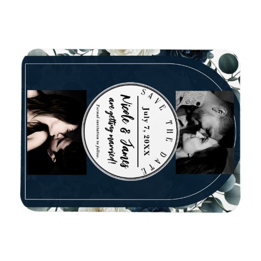 Dunkelblau und Weiß Moderne Blumengrün Rett Datum Magnet (Horizontal)