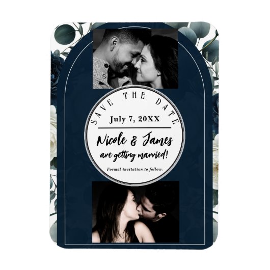 Dunkelblau und Weiß Moderne Blumengrün Rett Datum Magnet (Vertikal)