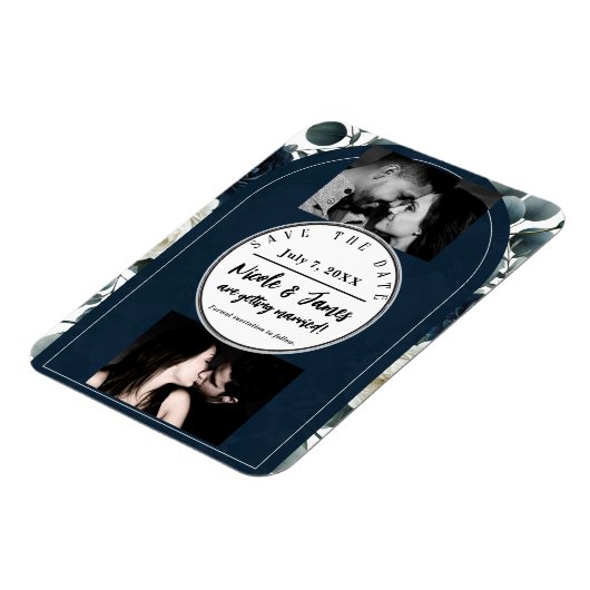 Dunkelblau und Weiß Moderne Blumengrün Rett Datum Magnet (Linke Seite)