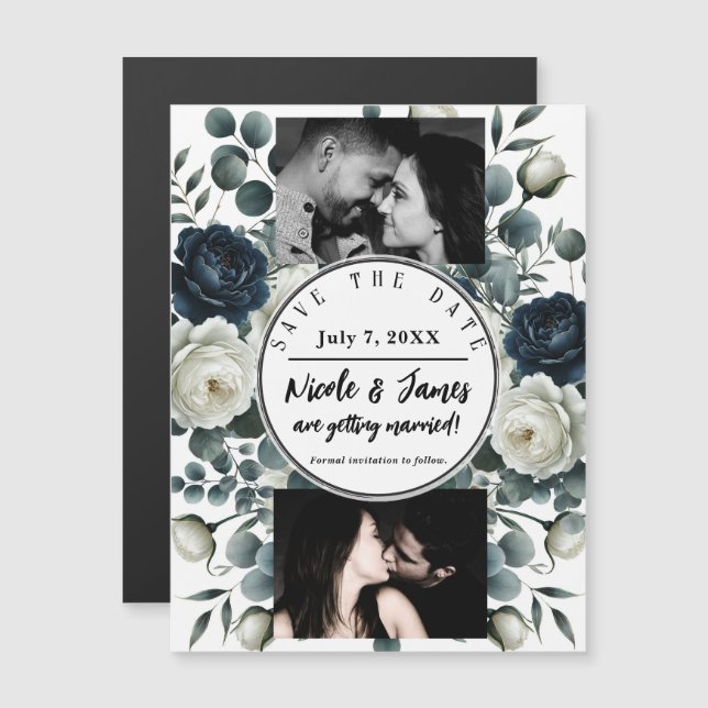 Dunkelblau und Weiß Moderne Blumengrün Rett Datum Magnetkarte (Vorne/Hinten)