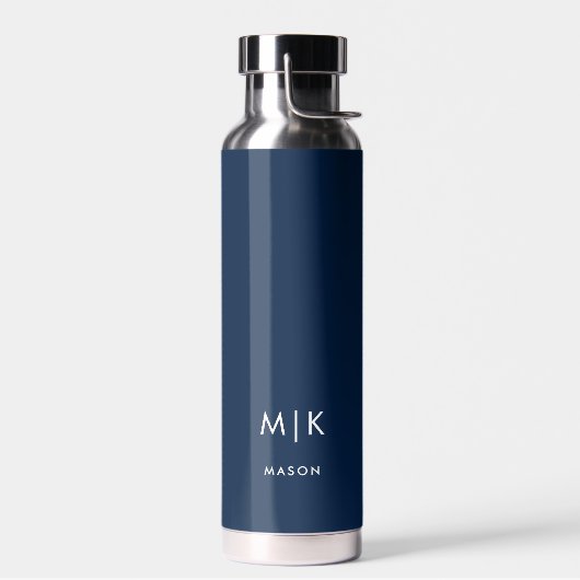 Dunkelblau und weiß | Modernes Monogramm Trinkflasche (Links)