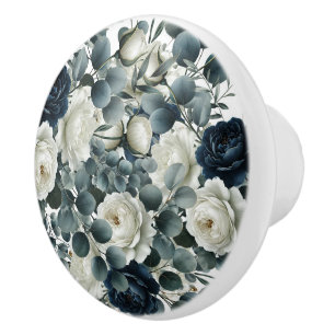 Dunkelblau und weiße moderne Blumen Grün  Keramikknauf