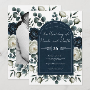 Dunkelblau- und weiße moderne Floral-Grün-Hochzeit Einladung