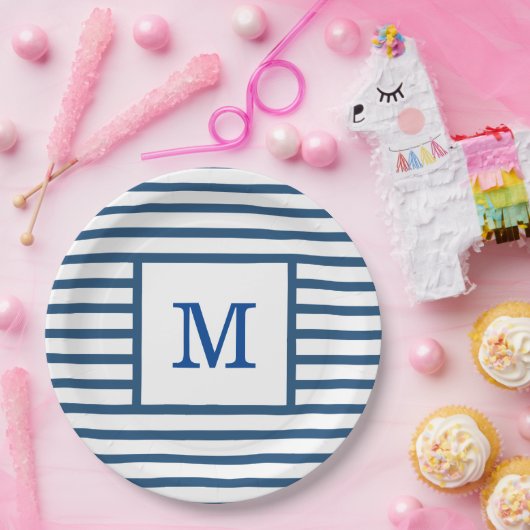 Dunkelblau und weiße Streifen - benutzerdefinierte Pappteller (Party)