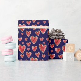 Dunkelblau | Wasserfarben-Herzen mit künstlichem G Geschenkpapier