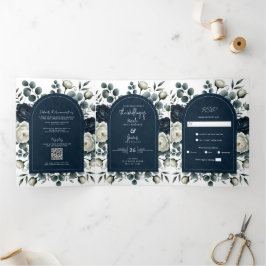 Dunkelblau & weiß Moderne Blumengrün Hochzeit Dreifach Gefaltete Einladung