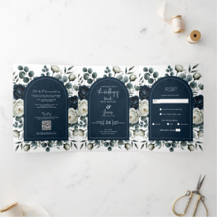 Dunkelblau & weiß Moderne Blumengrün Hochzeit Dreifach Gefaltete Einladung