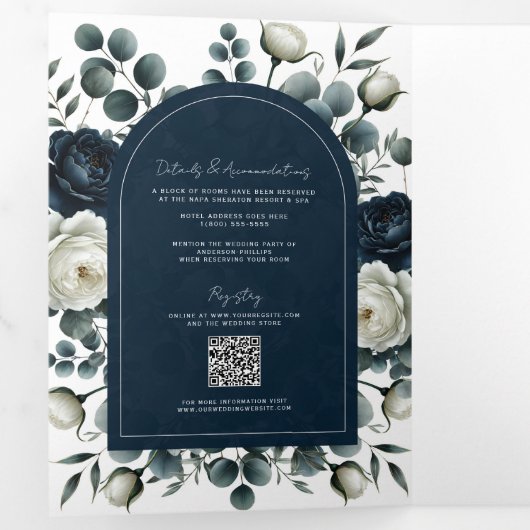 Dunkelblau & weiß Moderne Blumengrün Hochzeit Dreifach Gefaltete Einladung (Innen Erste Seite)