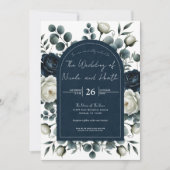 Dunkelblau & weiß Moderne Blumengrün Hochzeit Einladung (Vorderseite)