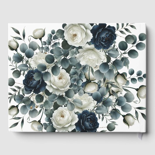 Dunkelblau & weiß Moderne Blumengrün Hochzeit Gästebuch (Rückseite)