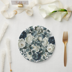 Dunkelblau & weiß Moderne Blumengrün Hochzeit Pappteller