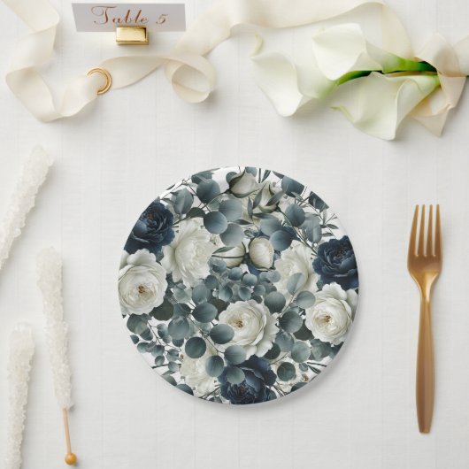 Dunkelblau & weiß Moderne Blumengrün Hochzeit Pappteller (Hochzeit)