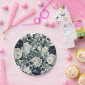 Dunkelblau & weiß Moderne Blumengrün Hochzeit Pappteller (Party)